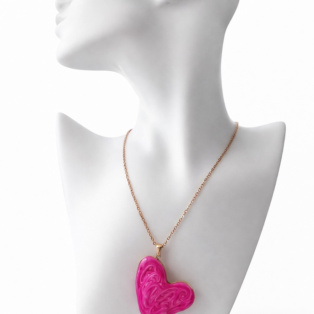 Pink Heart Pendant Necklace – Stainless Steel Adjustable Chain